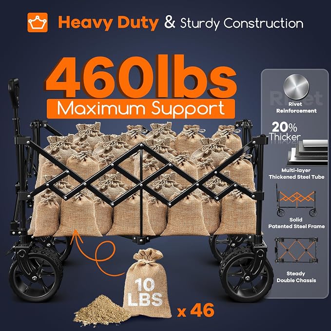 220L Collapsible Wagon Cart Foldable, 460lbs Load Capacity Heavy Duty Folding - Image 3