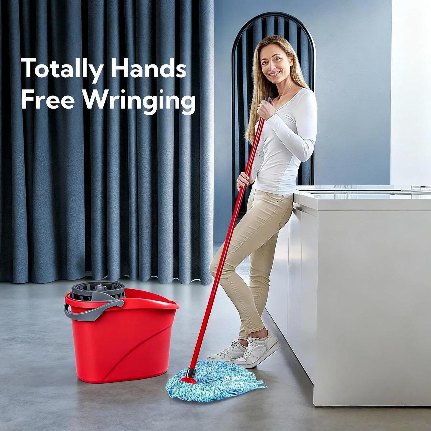 Quick Wring Hands-Free Mop Bucket 2.5 Gallon Red, Mop Bucket with Built-in Wringer for Home Hardwood Laminate Tile Floor Cleaning