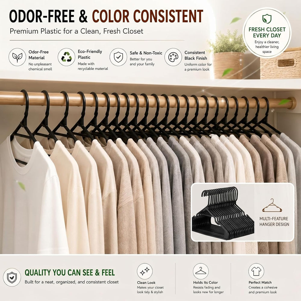 Lineshading 50 Pcs Slim Plastic Hanger Bulk Black Clothing Hanger Shoulder