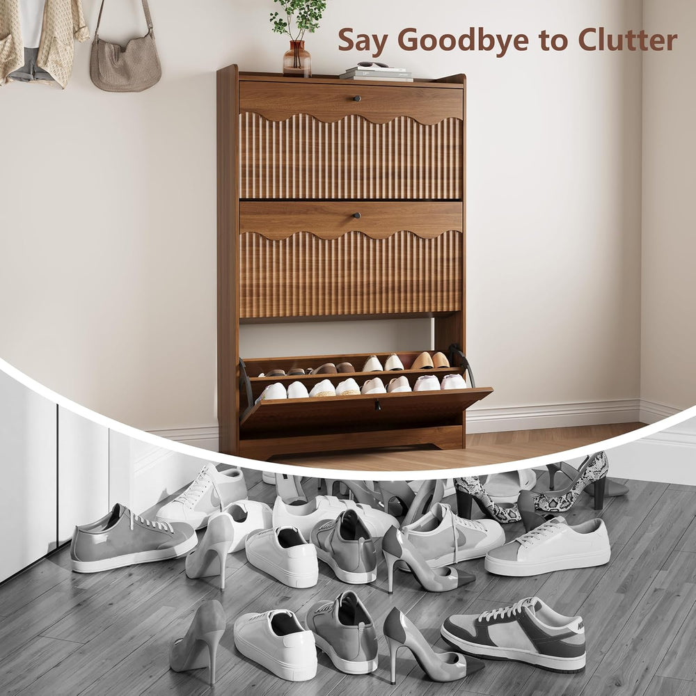 HUANLEGO Shoe Cabinet Storage for Entryway with 3 Flip Drawers, Walnut