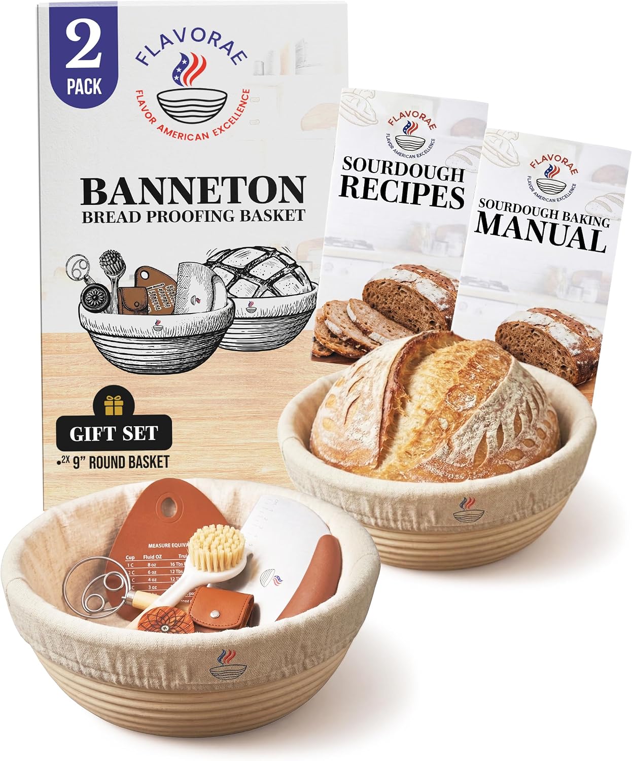 Banneton Bread Proofing Basket with Liners - Natural Rattan Dough Riser, Sourdough Bread Basket, Artisan Bread Loaves, Homemade Bread Making - 2 Pack 9" Round Basket Set