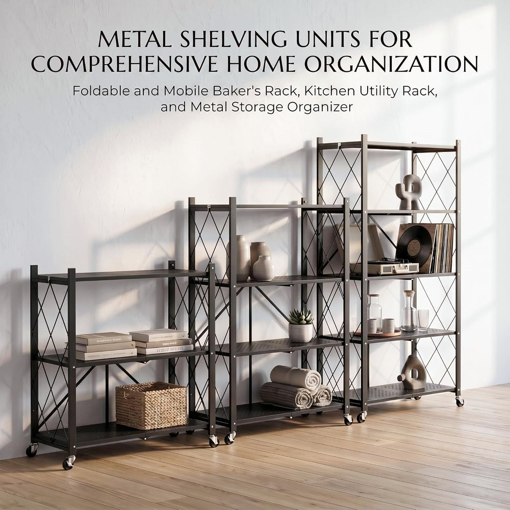 5-Tier Foldable Storage Shelves with Wheels, Heavy-Duty Metal Rolling Rack, N...
