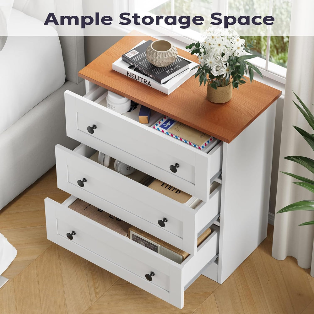 Furnify Farmhouse 3 Drawer Dresser, Small Chests of Drawers, White & Walnut