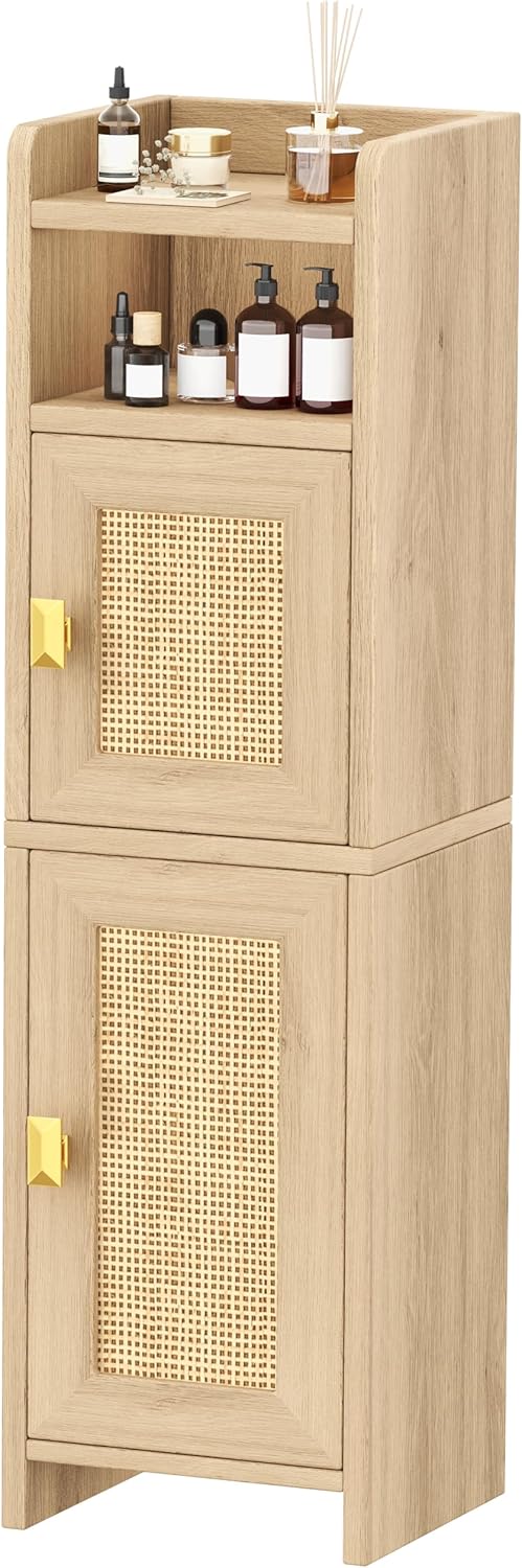 Akxomel Small Bathroom Cabinet with Open Shelf Wooden Floor Cabinet Oak