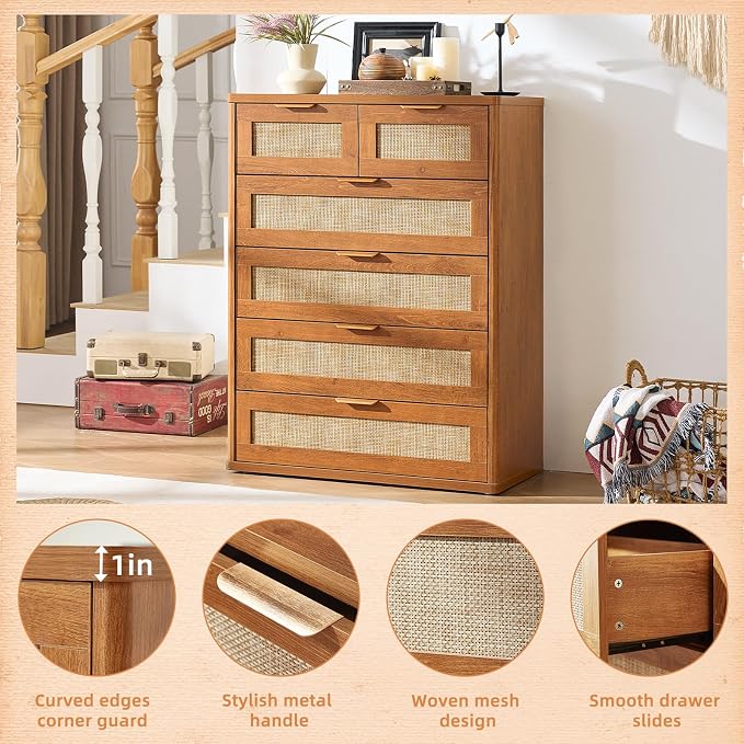 LEYAOYAO Rattan Dresser for Bedroom Set of 2, Modern 6 Drawers Boho Dressers - Image 7