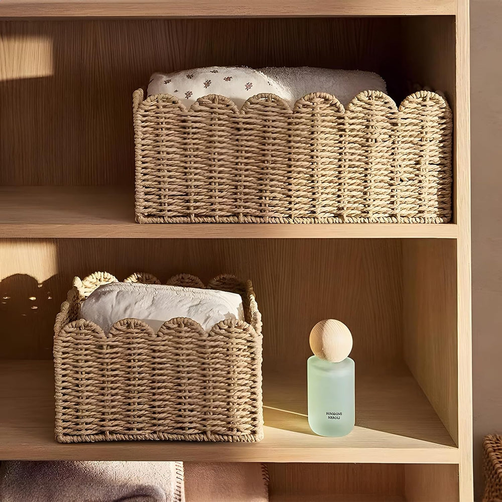 Scalloped Basket, Wicker Baskets for Storage, Hand Woven shelf Baskets, Seagr...