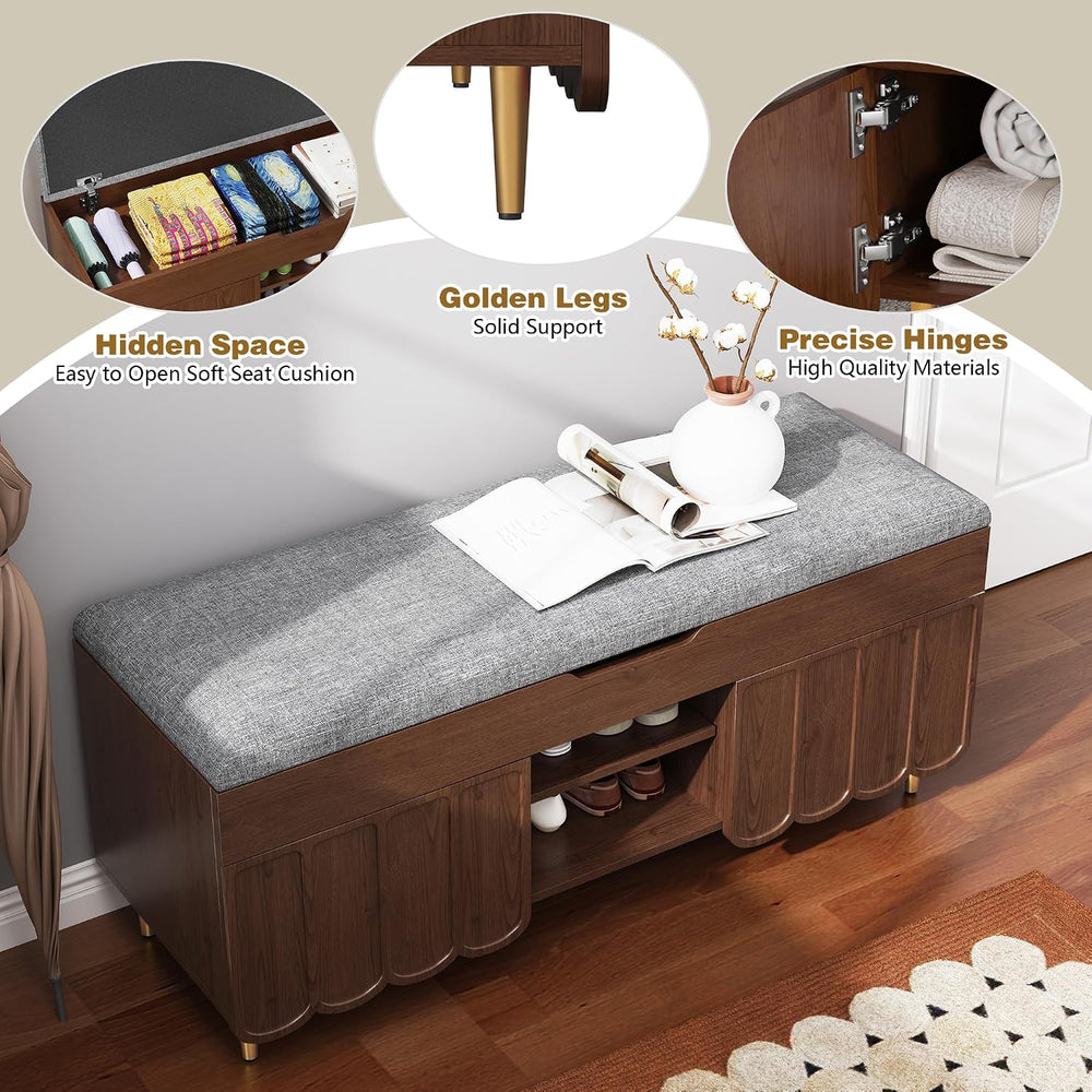 3More 40" Upholstered Flip Top Entryway Shoe Bench, Walnut