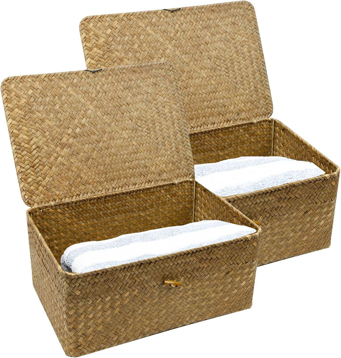 2-Pack Wicker Storage Baskets with Lid, Coffee Large & X-Large Rectangular Sea Grass Baskets