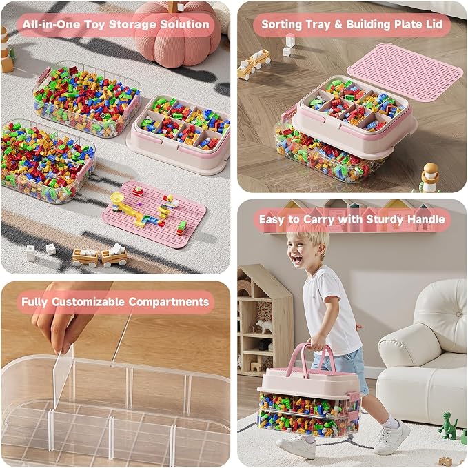 Toy Storage Organizer Box with Handle, Stackable Building Block Toy Box with - Image 3