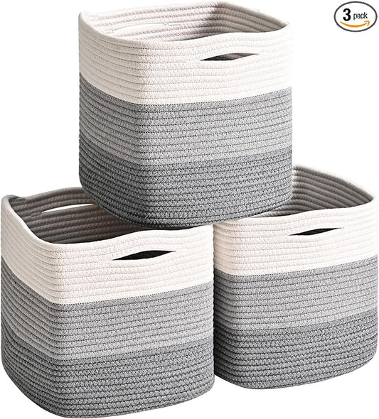 11 Inch Cube Storage Bins, Storage Cube Organizer Bins, Woven Cotton Rope Basket by ICERZCZ