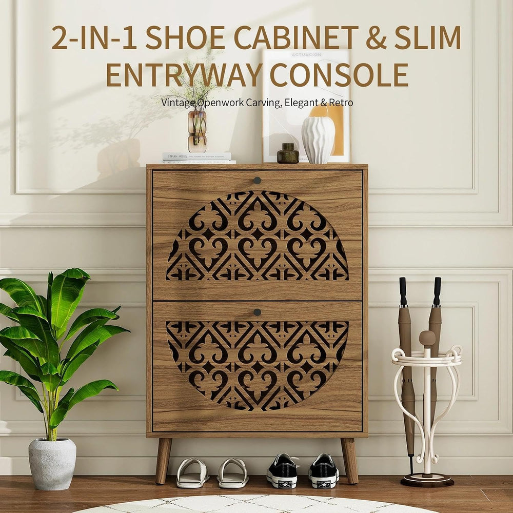 vistavie 6.7" Walnut Ultra-Slim Shoe Cabinet with 2 Flip Drawers,Heart-S...