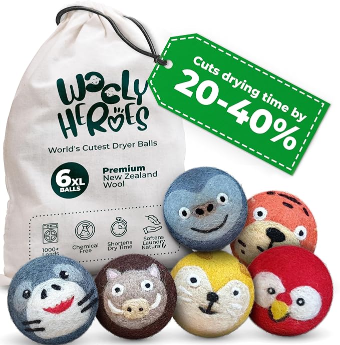 No More Dryer Sheets! Reusable Wool Dryer Balls XL 6-Pack by WOOLYHEROES