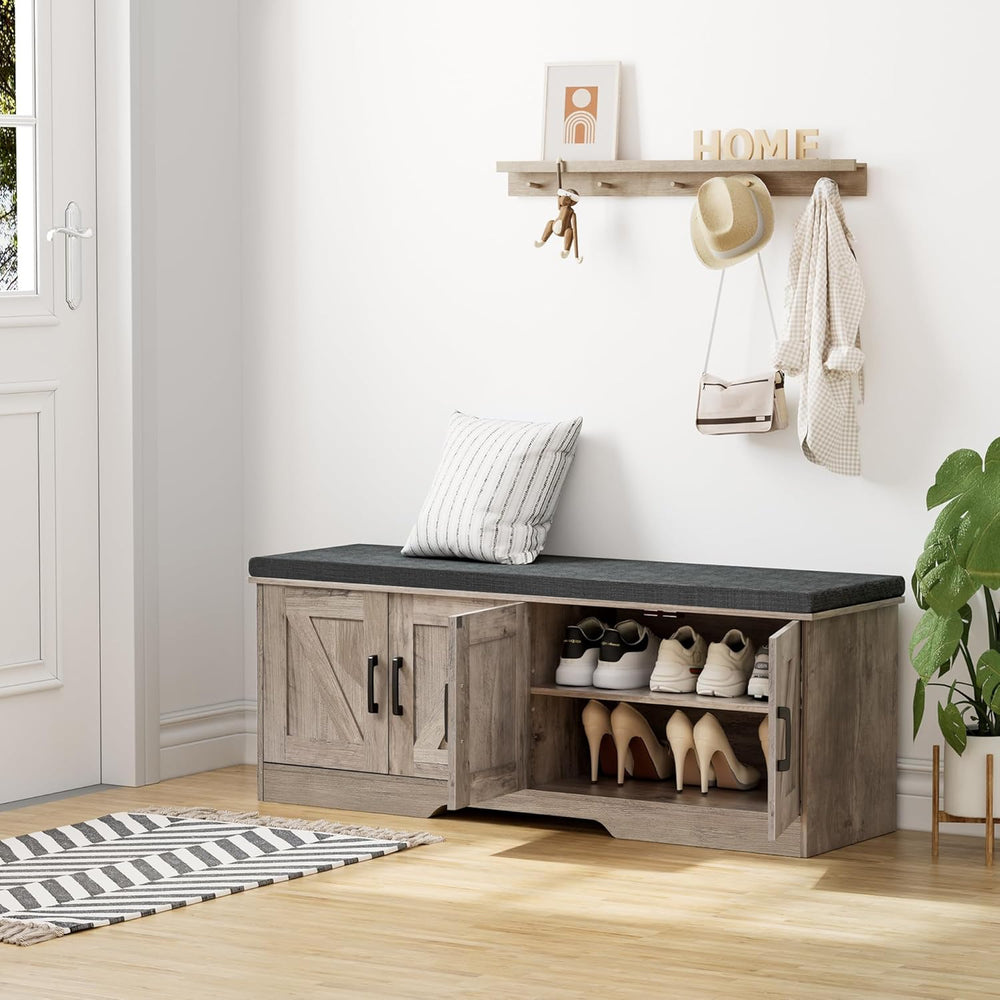 HOMSHO Farmhouse Shoe Storage Bench with 4 Barn Doors & Padded Seat Cushion