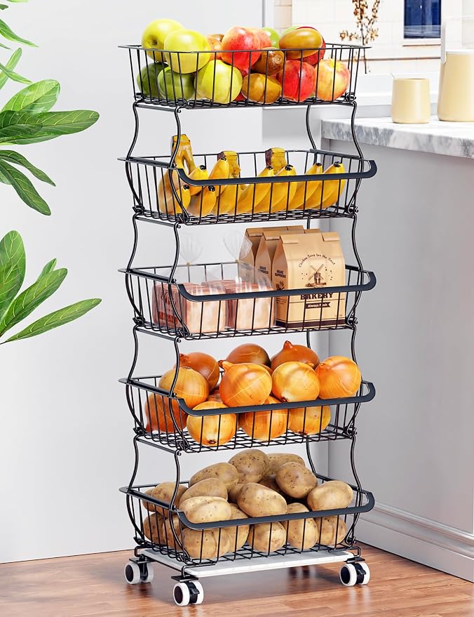 5 Tier Fruit Basket for Kitchen, Stackable Bins Wire Rack - Image 9