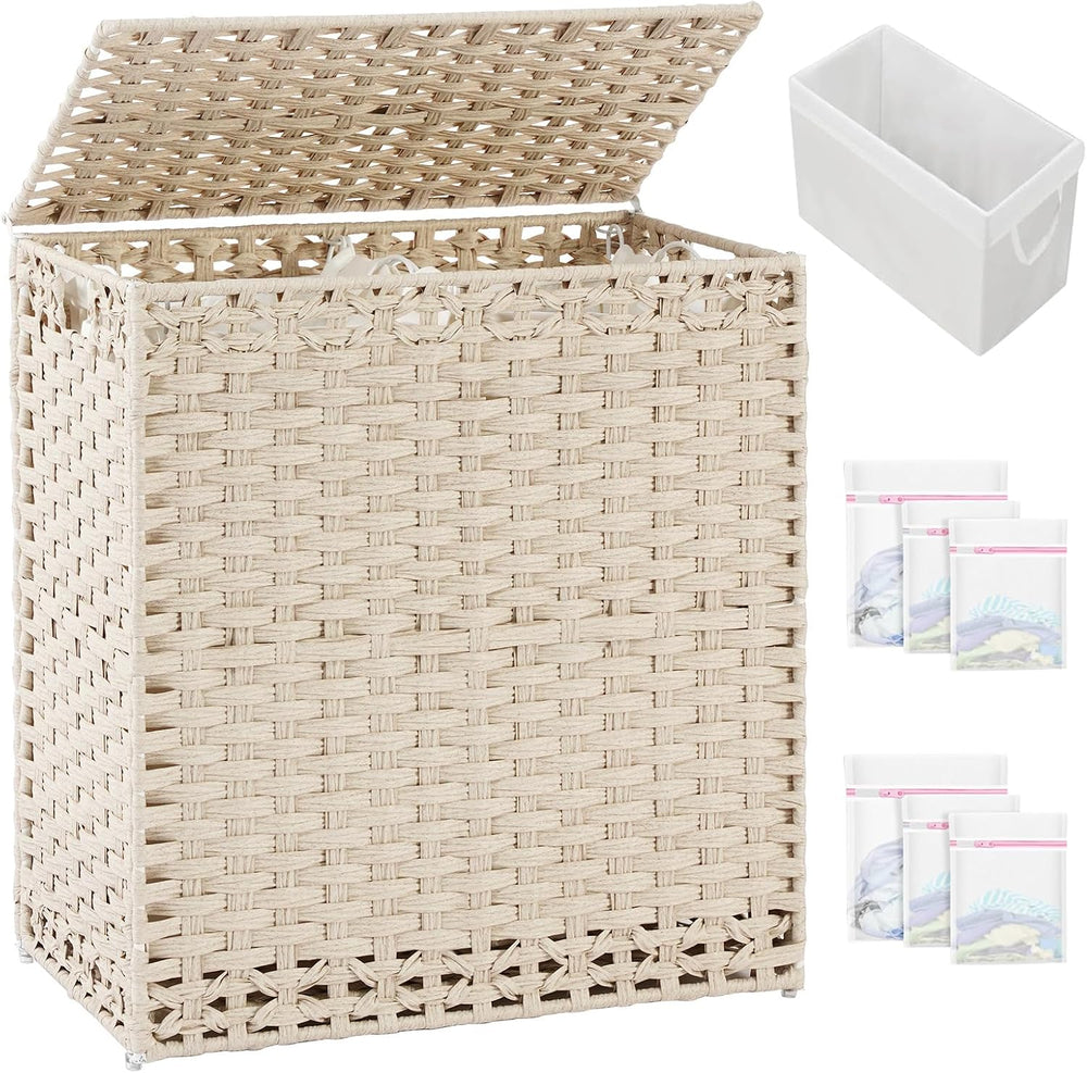SETVSON Laundry Hamper with Lid PE Rattan Laundry Basket, Light Khaki