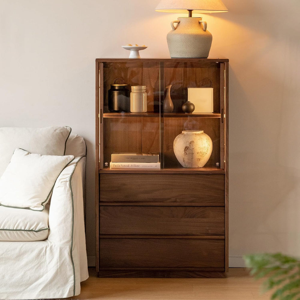 100% Solid Black Walnut Storage Cabinet with Dimmable LED, Glass Doors, Adjus...