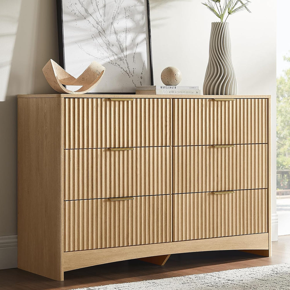 Amada Fluted 6 Drawer Dresser, Modern Wood Chest of Drawers, Natural Oak