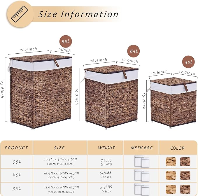 Handwoven Laundry Basket with Lid, Natural Water Hyacinth Storage Basket with - Image 2