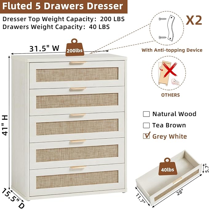 LEYAOYAO White Dresser for Bedroom, Modern 5 Drawers Boho Rattan Dressers - Image 8