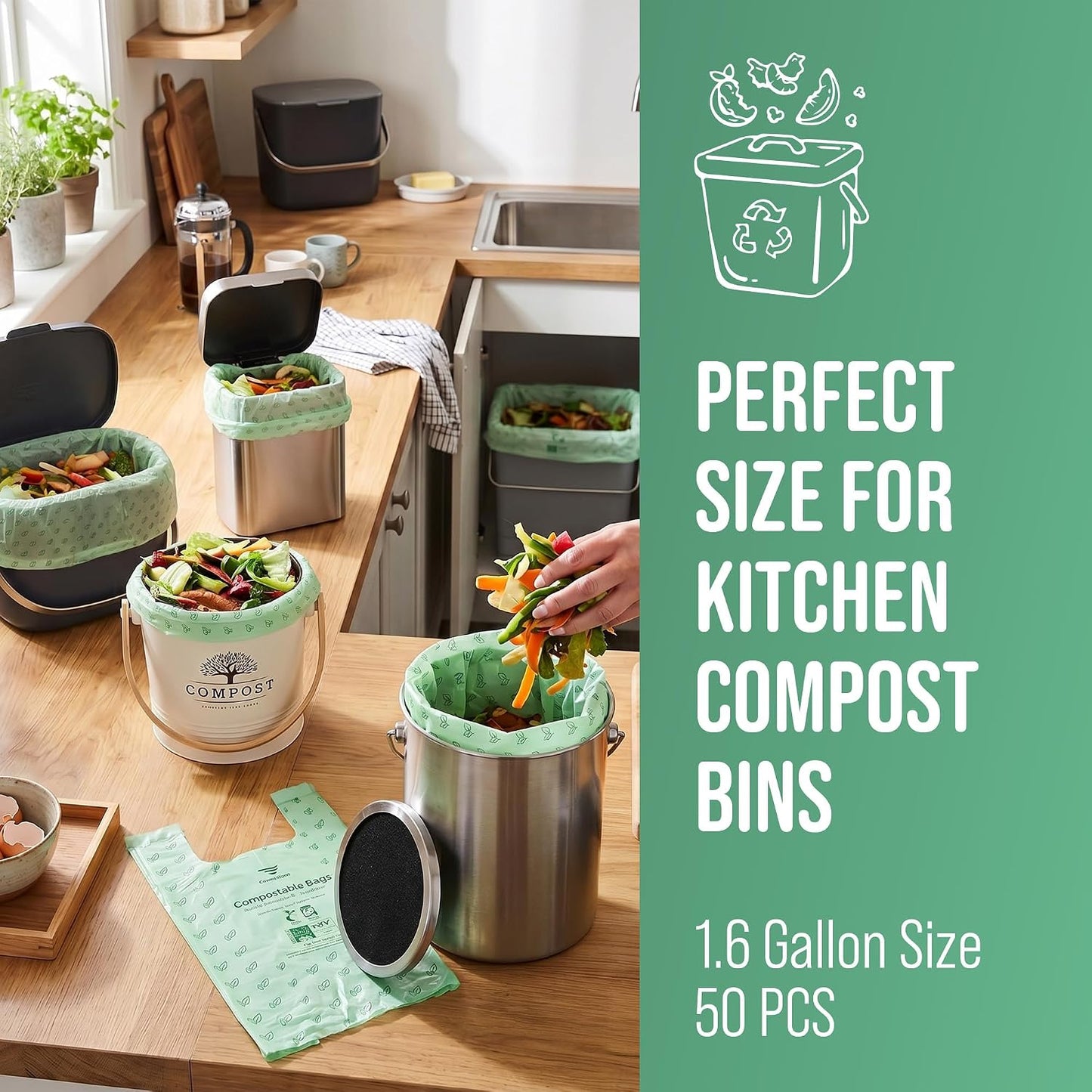 50 Home Compostable Trash Bags 1.6 Gallon Easy Tie Handles | Certified Home Compostable, Leak Resistant Kitchen Compost Bags, Easy Tie Handles, Fits Most Countertop Bins