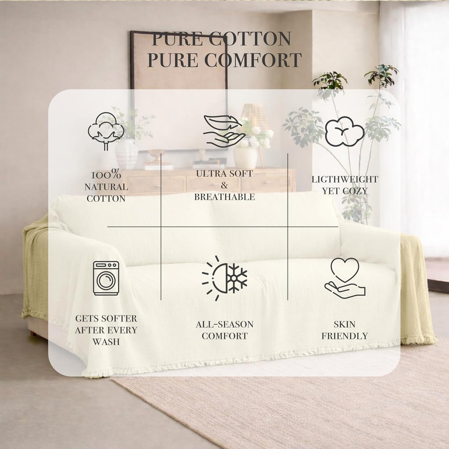 Washable Sofa Cover %100 Pure Cotton, Gauze Couch Covers for Sectional, 3 Seater, L Shape, U Shape Sofa, Large 4 Layered Natural Muslin Fabric, Cloud Like Couch Cover (Cream, 95x118" / 240x300 cm)
