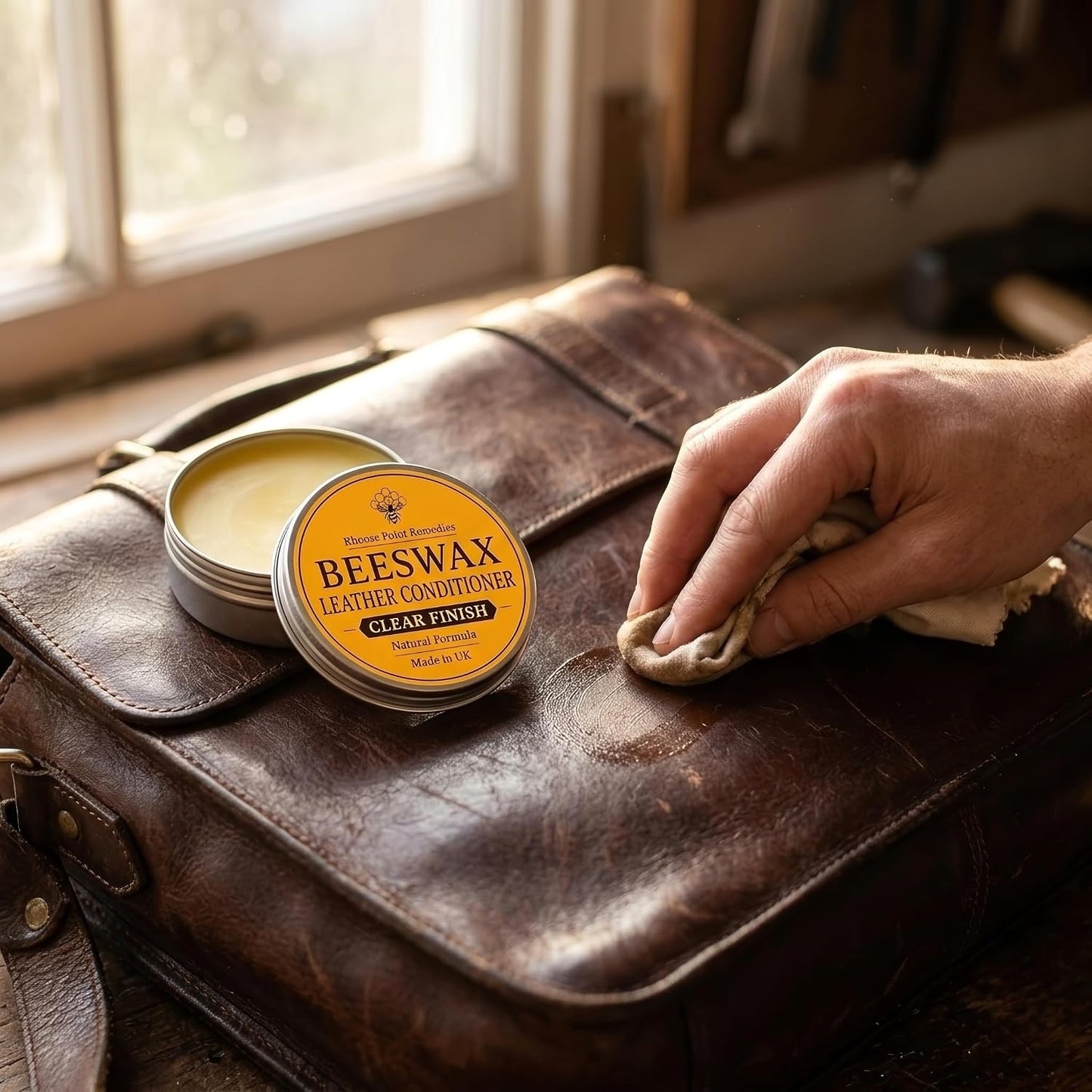 Beeswax Leather Conditioner Restorer & Polish - Hand Poured British Beeswax Balsam CLEANS SEALS and PROTECTS Handcrafted in Wales UK Rich Natural Leather Conditioner and Leather Restorer 3.50 Fl Oz