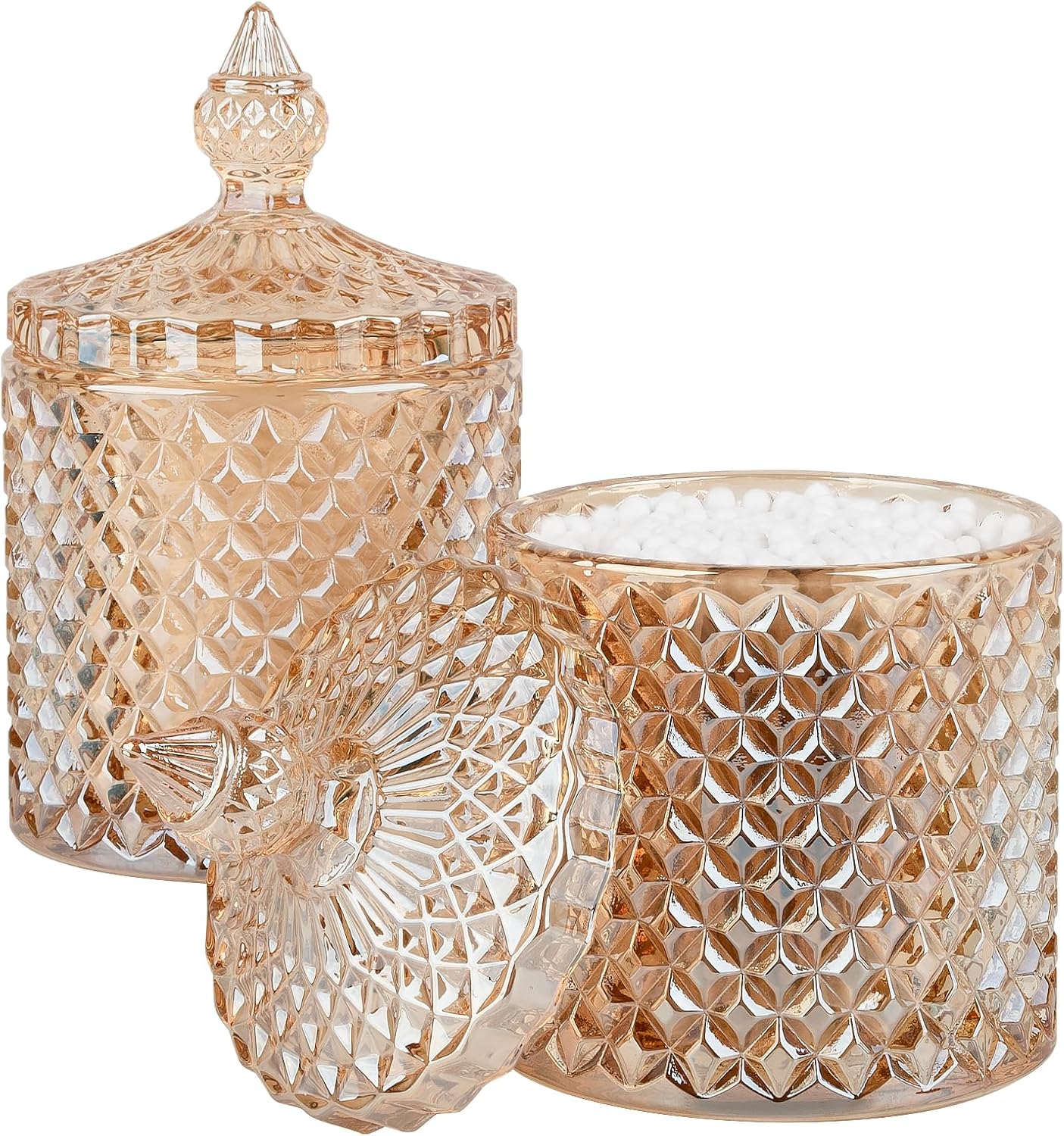 2 Pack Qtip Holder Apothecary Jars with Lid, Thick Glass, Amber | Bathroom Canisters Storage Organizer for Cotton Swabs, Balls, Pads, Floss Picks, Candy, Jewelry, Bathroom Decor