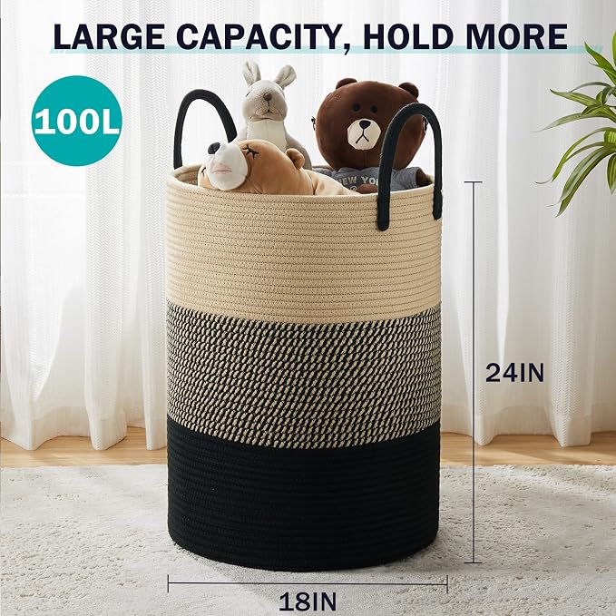 YOUDENOVA Woven Rope Laundry Hamper Basket, 100L Tall Laundry Basket, Baby - Image 3