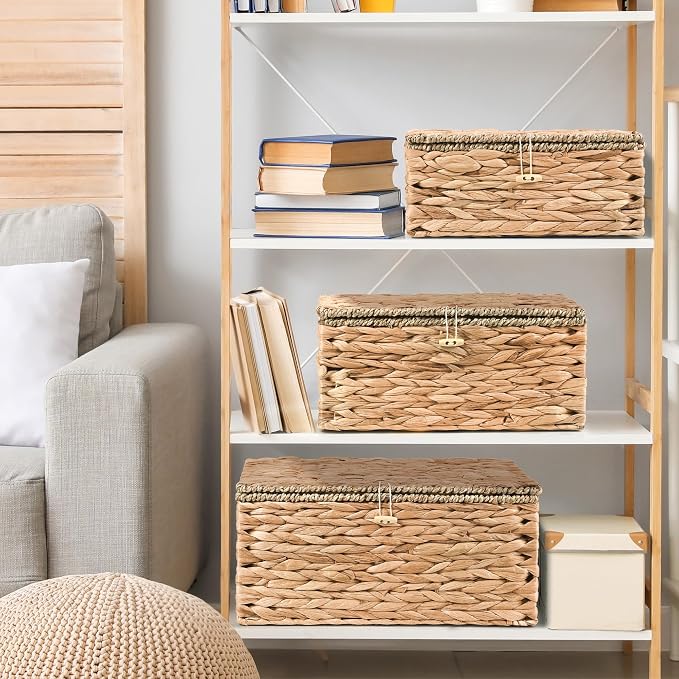 Wicker Storage Baskets with Lids and Handles, Hand Woven Rattan Storage Bins Box - Image 4