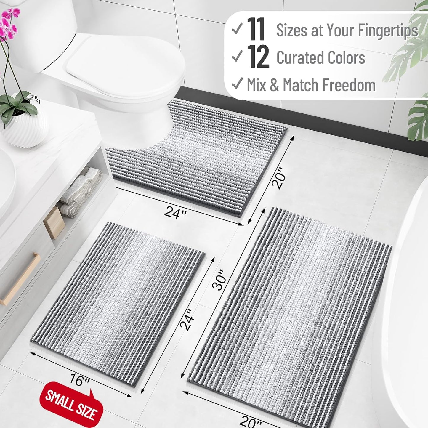 OLANLY Bathroom Rugs 30x20, Extra Soft Absorbent Chenille Striped Bath Rugs, Rubber Backing, Machine Wash Dry, Bath Mats for Bathroom Floor, Tub and Shower, Home Decor Accessories, Grey