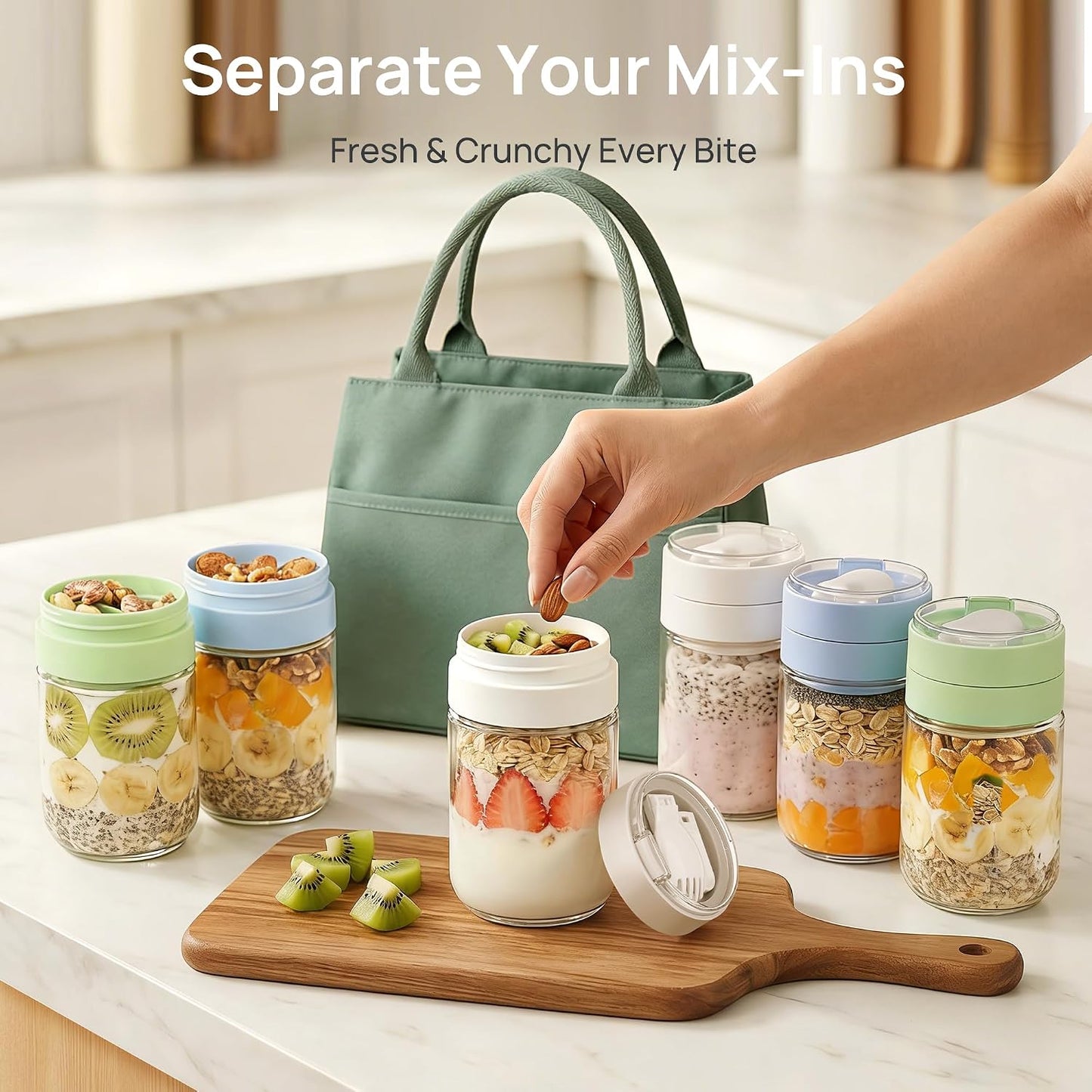 Vtopmart 6 Pack 16oz Glass Overnight Oats Container with Spoon, Compartment | Folding Spoons, Divided Compartments, Airtight Leakproof, Portable, Wide Mouth, For Yogurt, Chia Pudding, Salad Pickling