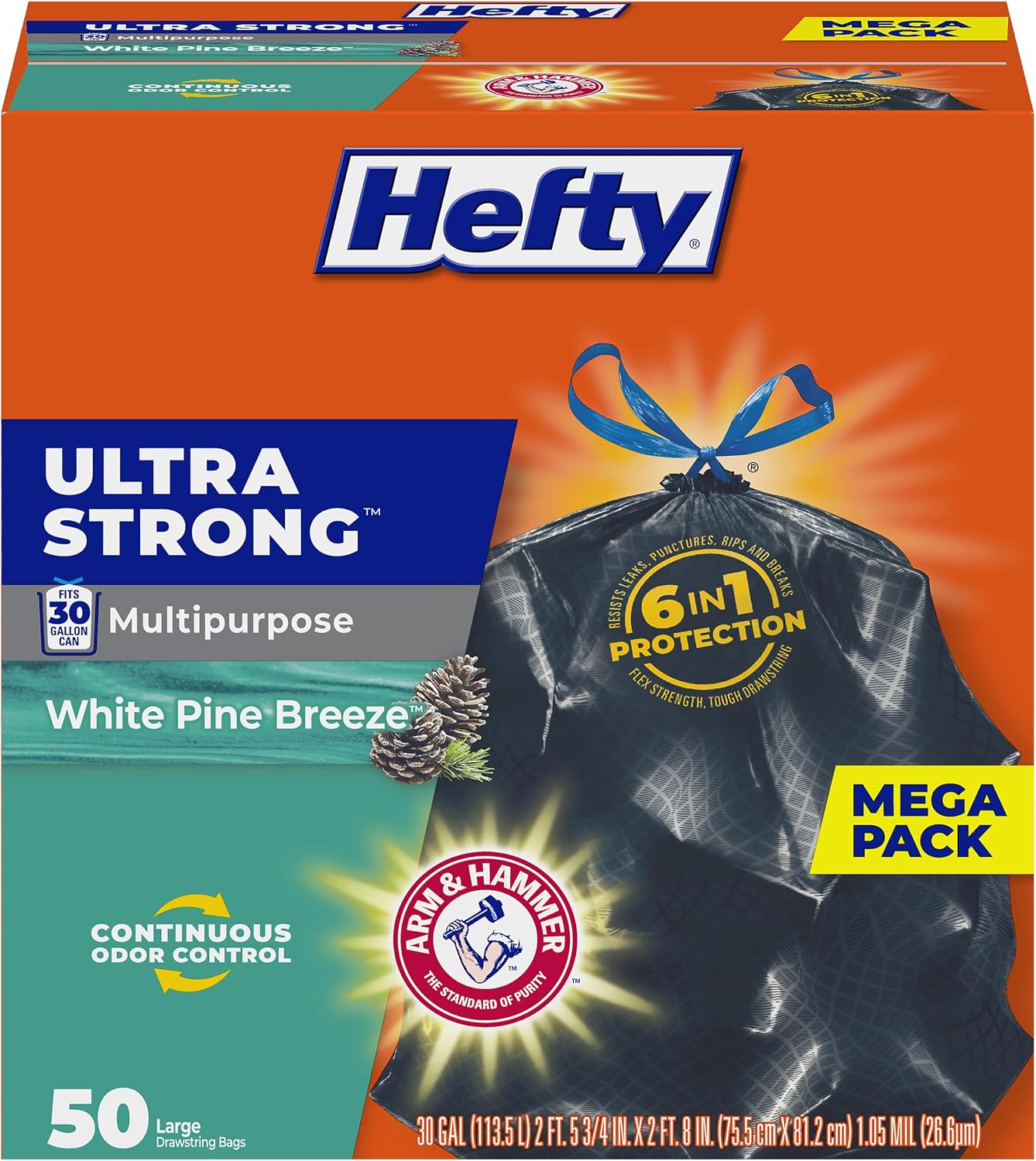 Hefty Ultra Strong 30 Gal Large Trash Bags, Black, White Pine Breeze, 50ct | 30G Large Black Trash Bags with Drawstrings, Resists Leaks, Punctures, Tears, Continuous Odor Control, Multipurpose Uses