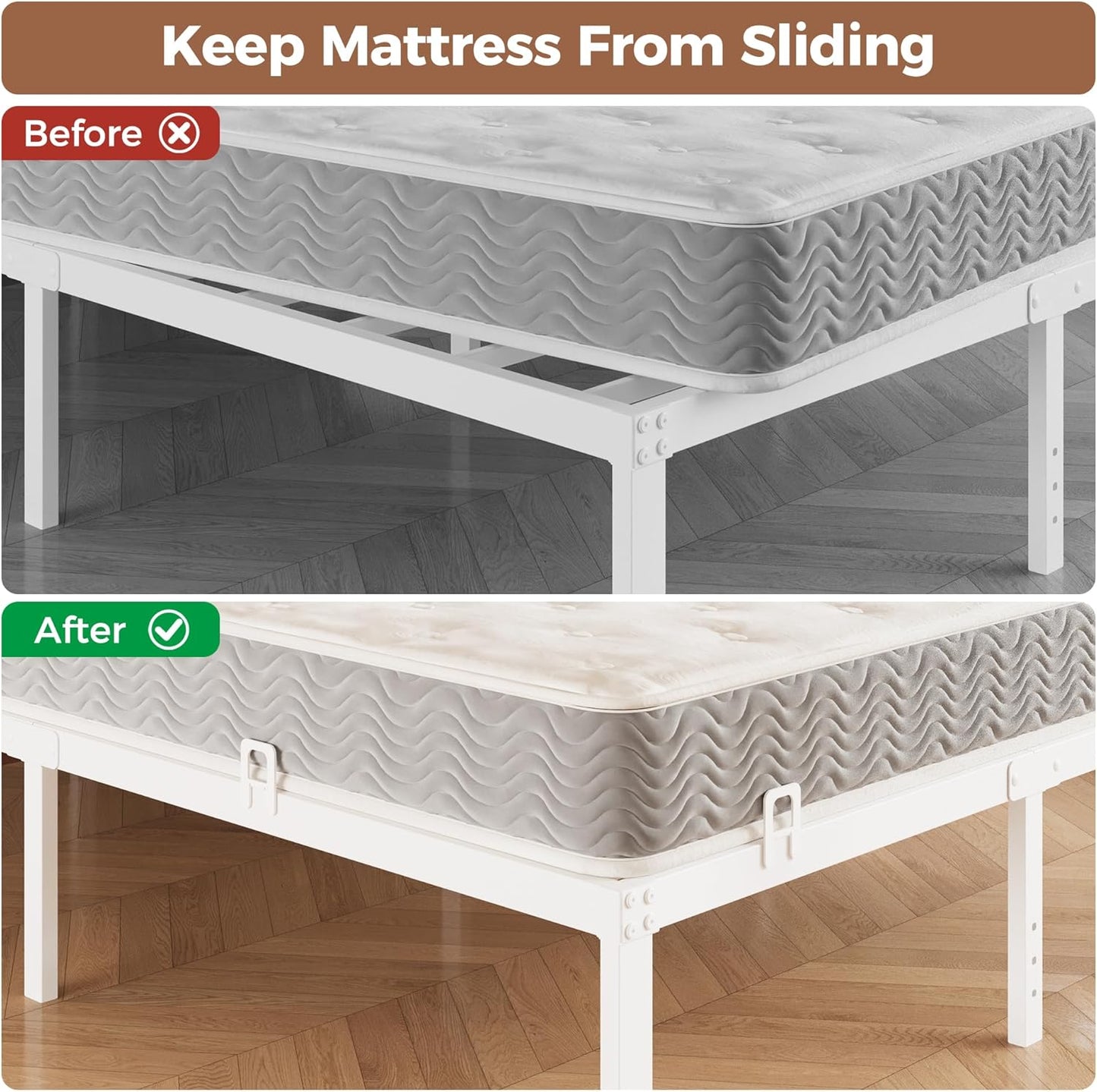 EMODA 6 PCS Mattress Stoppers to Prevent Sliding, Adjustable Non Slip Mattress Holder for Metal Bed Frame, Keep in Place Sliding Gripper, Adjustable Anti-Slip Baffle, White