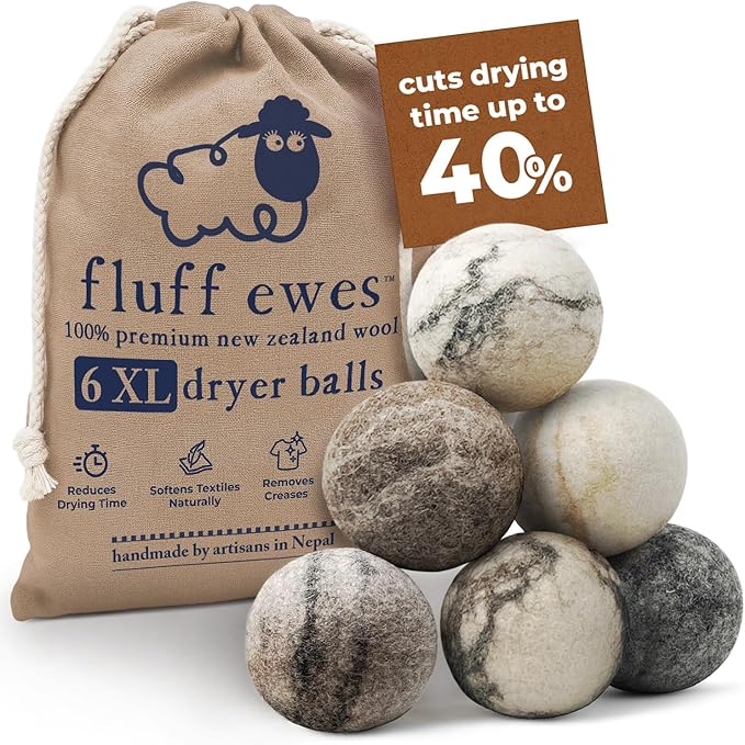 Fluff Ewes Wool Dryer Balls 6 Pack Premium New Zealand Wool Laundry Balls by HustleBlush