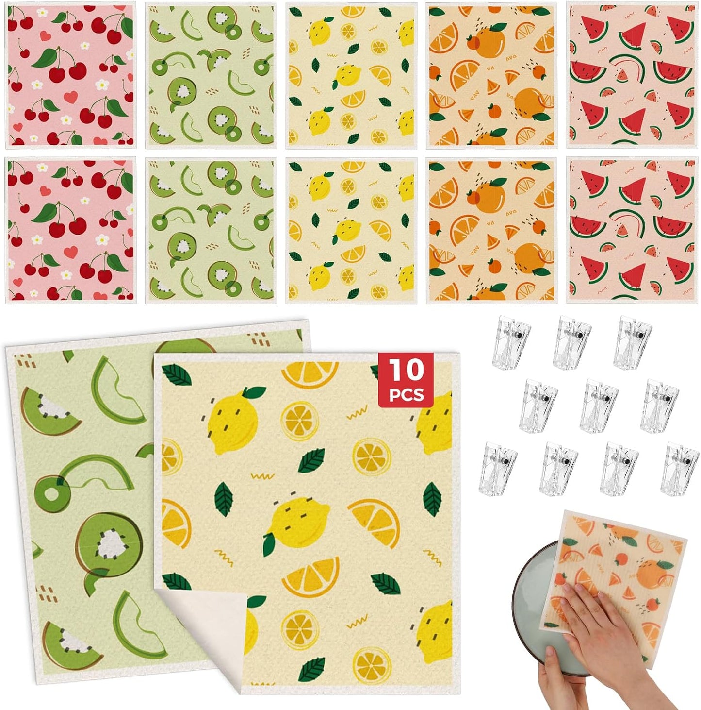 wlich 10 Pack Swedish Dishcloths, Reusable Kitchen Towels with Clips, Fruit | Non-Scratch Kitchen Towels and Dishcloths Sets, Washable Swedish Dish Cloths with Clips, for Dishes, Counters, Glass, Sink