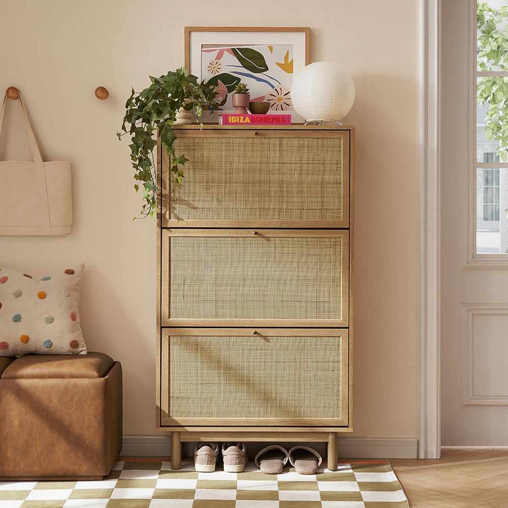 mopio Hannah Shoe Cabinet, Natural Rattan Farmhouse Shoe Storage Organizer, 3...