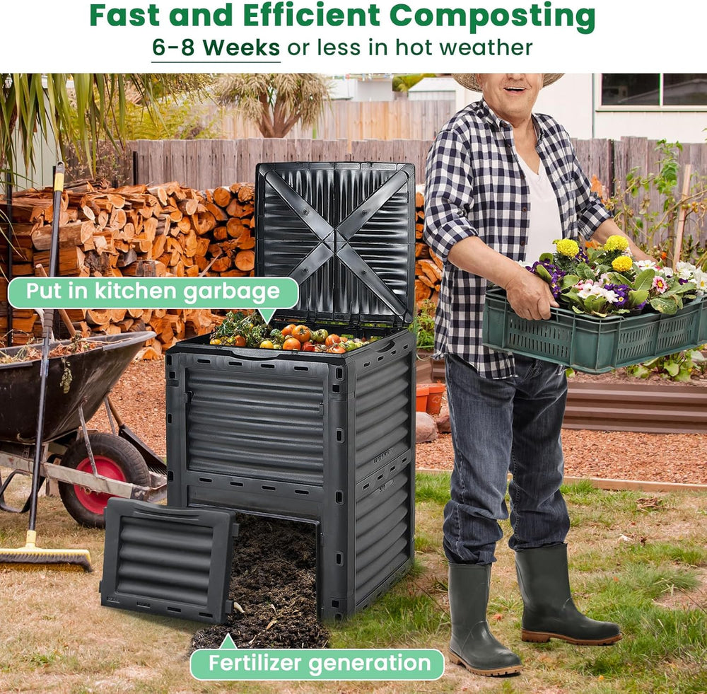 Compost Bin Outdoor, 80 Gallon Garden Compost Bin with Top Lid & Bottom D...
