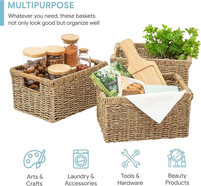Natural Seagrass Basket with Wooden Handle, Medium Rectuangular Wicker Basket - Image 2