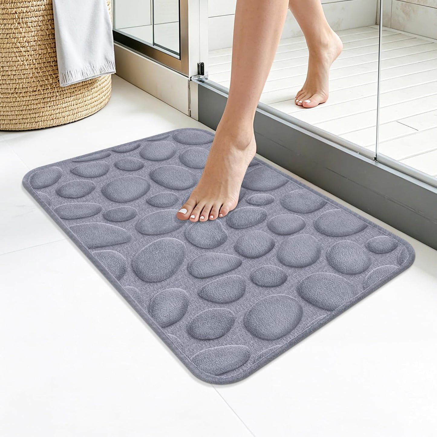 Memory Foam Bath Mat,16x24 Inch Non Slip Cobblestone Bath Mats,Manchine Washable Absorbent Bathroom Floor Mats,Ultra Soft and Quick Dry Bath Rugs for Bathroom Tub and Shower,Gray
