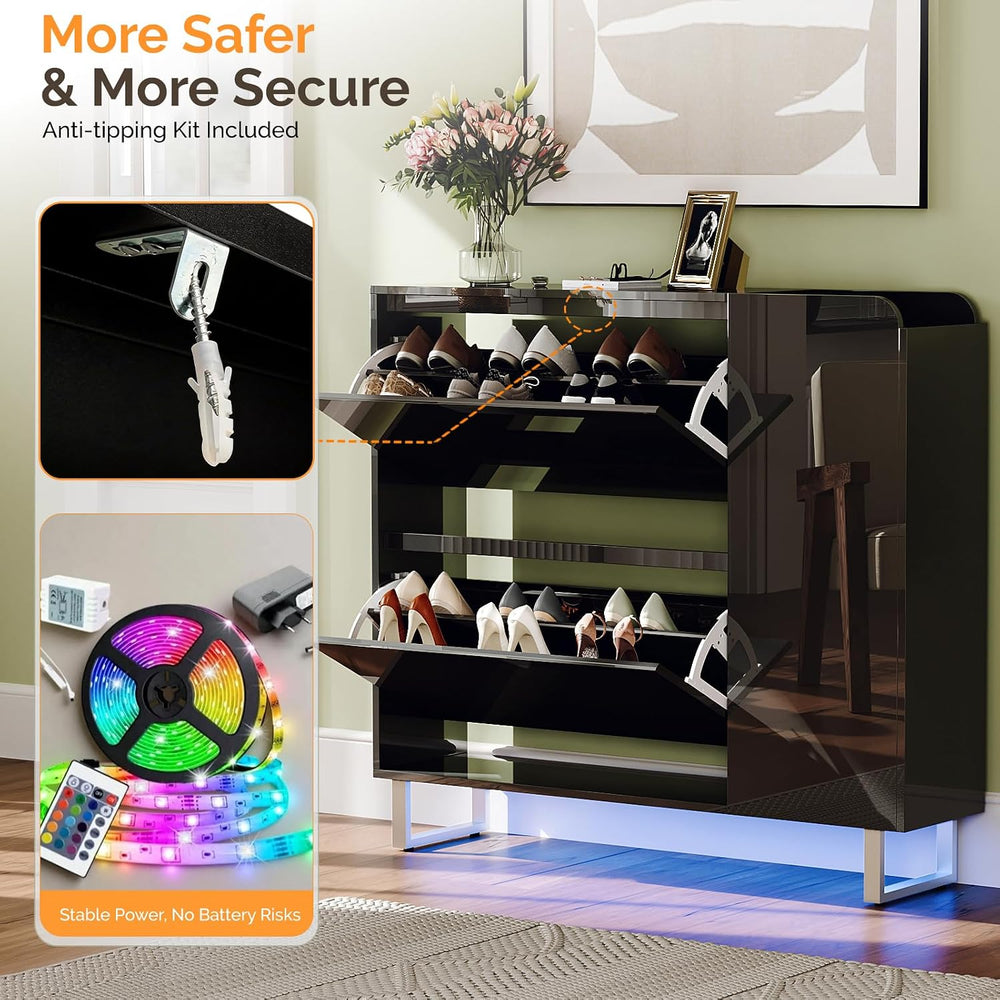 VINGLI Black Shoe Cabinet with LED Lights, Narrow Shoe Storage Organizer with...