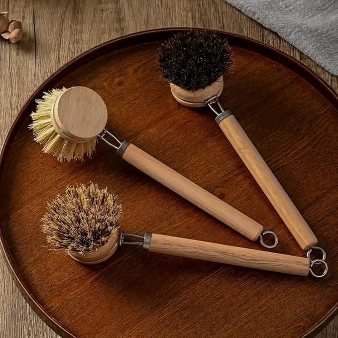 Bamboo Dish Brush with Handle, 1 Sturdy Wooden Handle with 3 Natural Bristle - Image 7