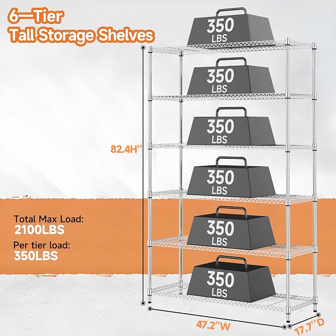 6 Tiers Storage Shelves Load 2100LBS, Metal Shelving Wire Metal Shelving Unit - Image 3