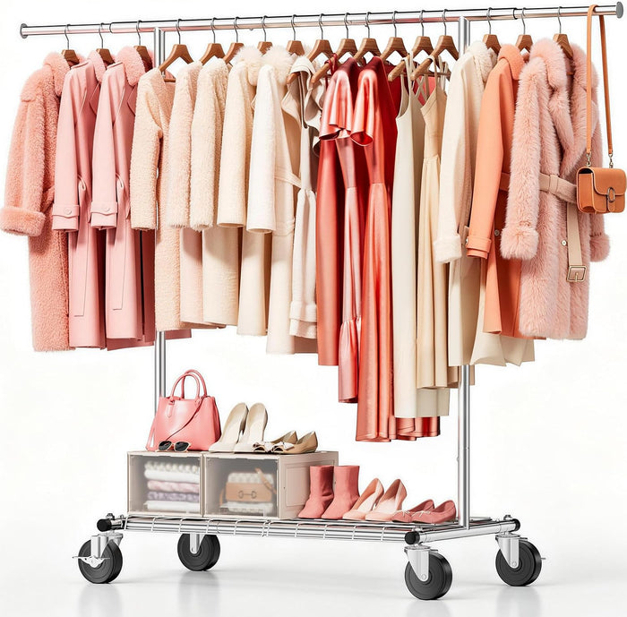 Heavy Duty Clothes Rack, Rolling Clothing Rack Load 420 LBS, Silver