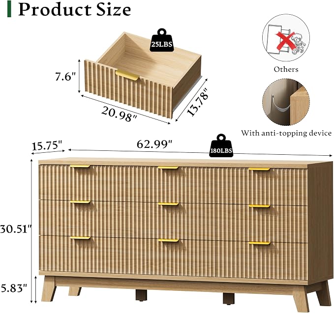 Fluted Dresser with 9 Drawers, Wooden Dresser TV Stand, Wood Closet Clothes - Image 2