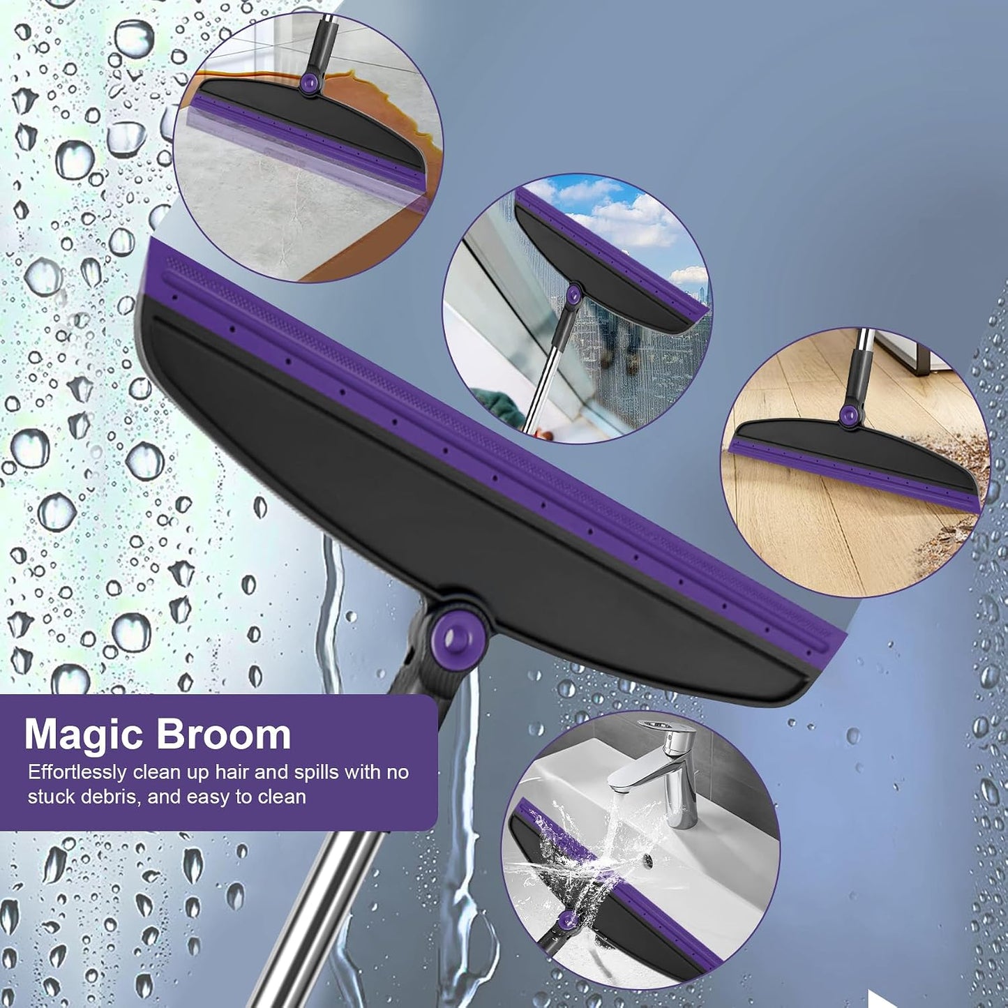 Broom and Dustpan Combo Set, 51" Long Handle Broom with Squeegee | Wet & Dry Cleaning for Pet Areas, Built-in Comb Dustpan, Foldable Space-Saving Storage, Multi-Surface Floor Cleaning