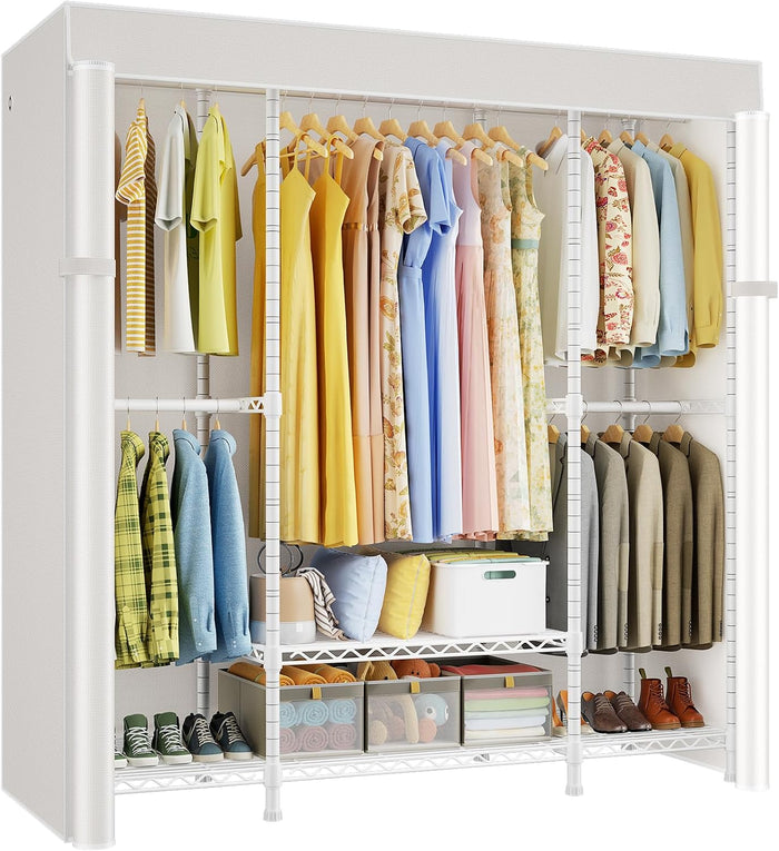ULIFHOME E3C White Clothes Rack with Beige Cover, Heavy Duty Garment Rack