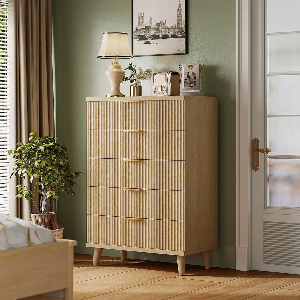 Wood Tall 5 Drawers Dresser, 27.6" W Fluted Modern Dressers for Bedroom