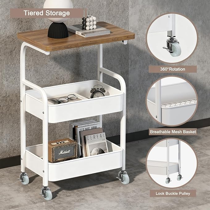Rolling Cart with Wooden Tabletop 3-Tier Metal Utility Rolling Cart Storage - Image 4