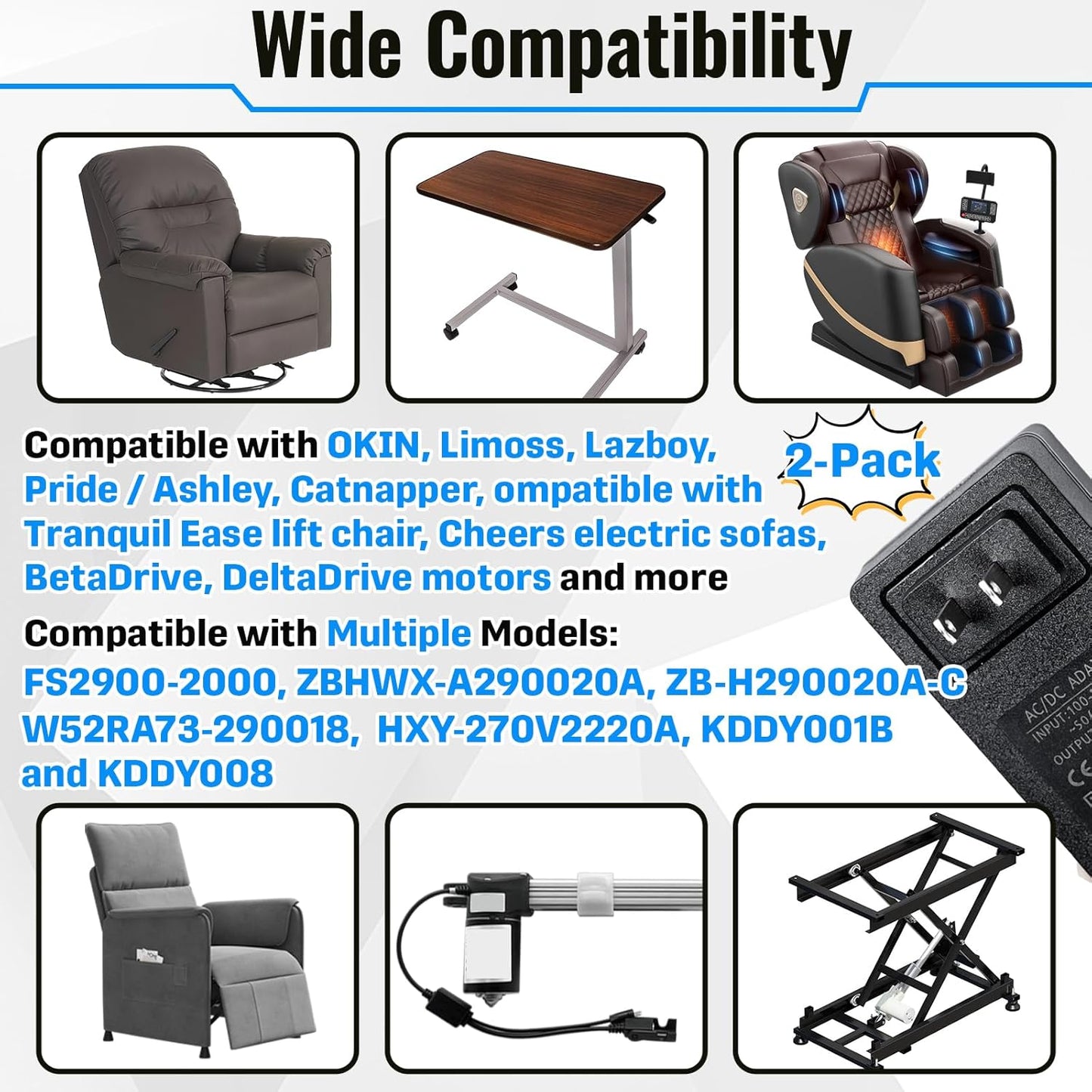 2 Pack 29V 2A AC/DC Electric Recliner Power Supply Replacement with 2-Pin Connector, Universal Adapter for Lift Chair Sofa, Compatible with OKIN Limoss ZB-H290020A-C ZBPOWER FS2900-2000