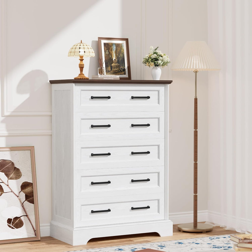 YESHOMY Tall Dresser for Bedroom, Farmhouse 5 Drawers Dresser, White&Brown